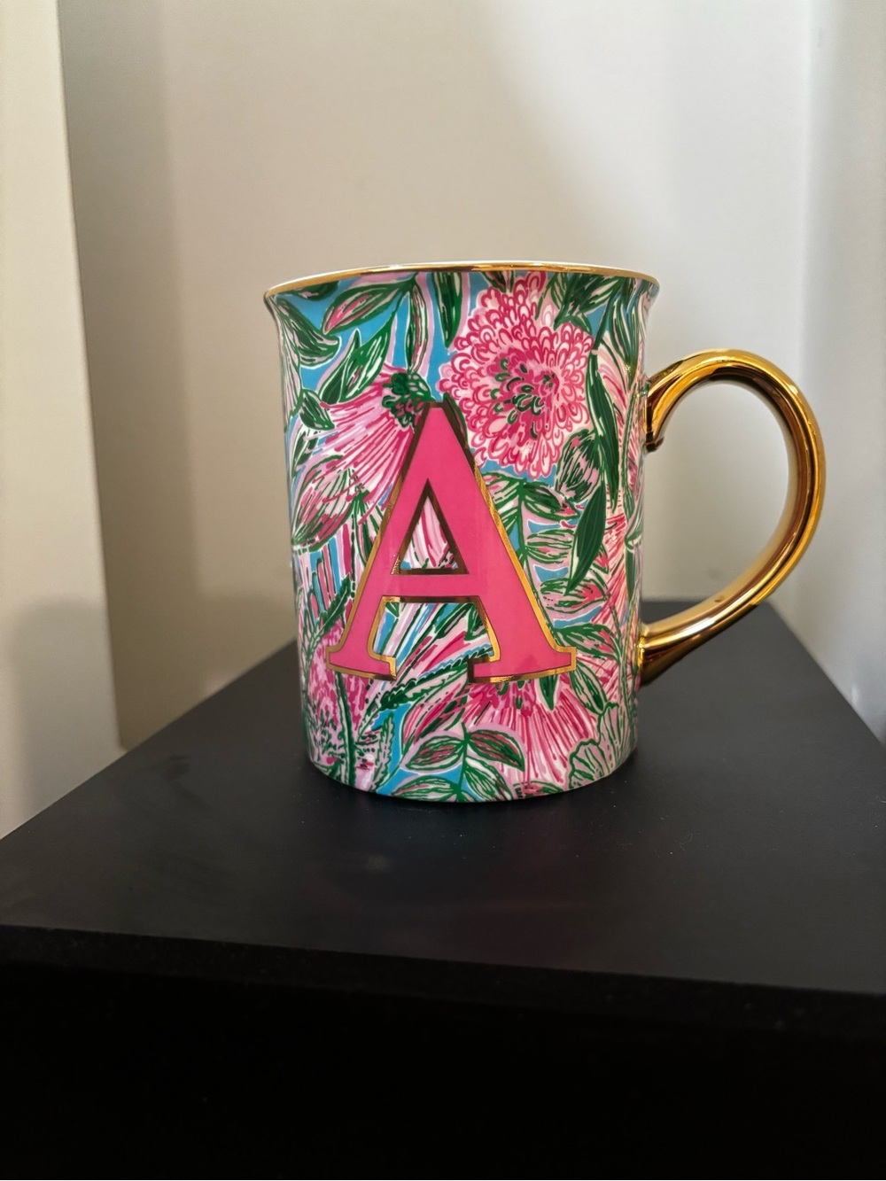 Lilly Pulitzer Floral Monogram Mug with Gold Handle - Pink & Green